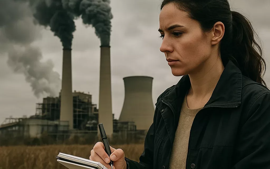 periodista tomando notas frente a una central térmica contaminante, símbolo de la desinformación energética.