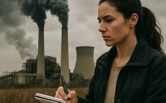 periodista tomando notas frente a una central térmica contaminante, símbolo de la desinformación energética.