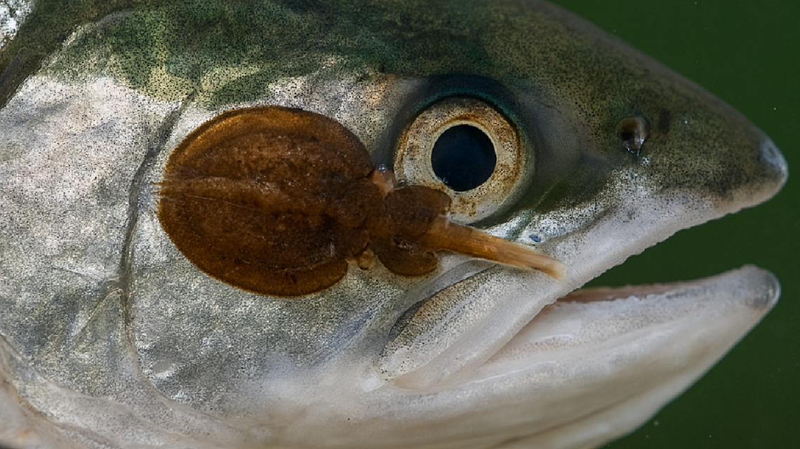 Plano cerrado de piojos adheridos a un salmón